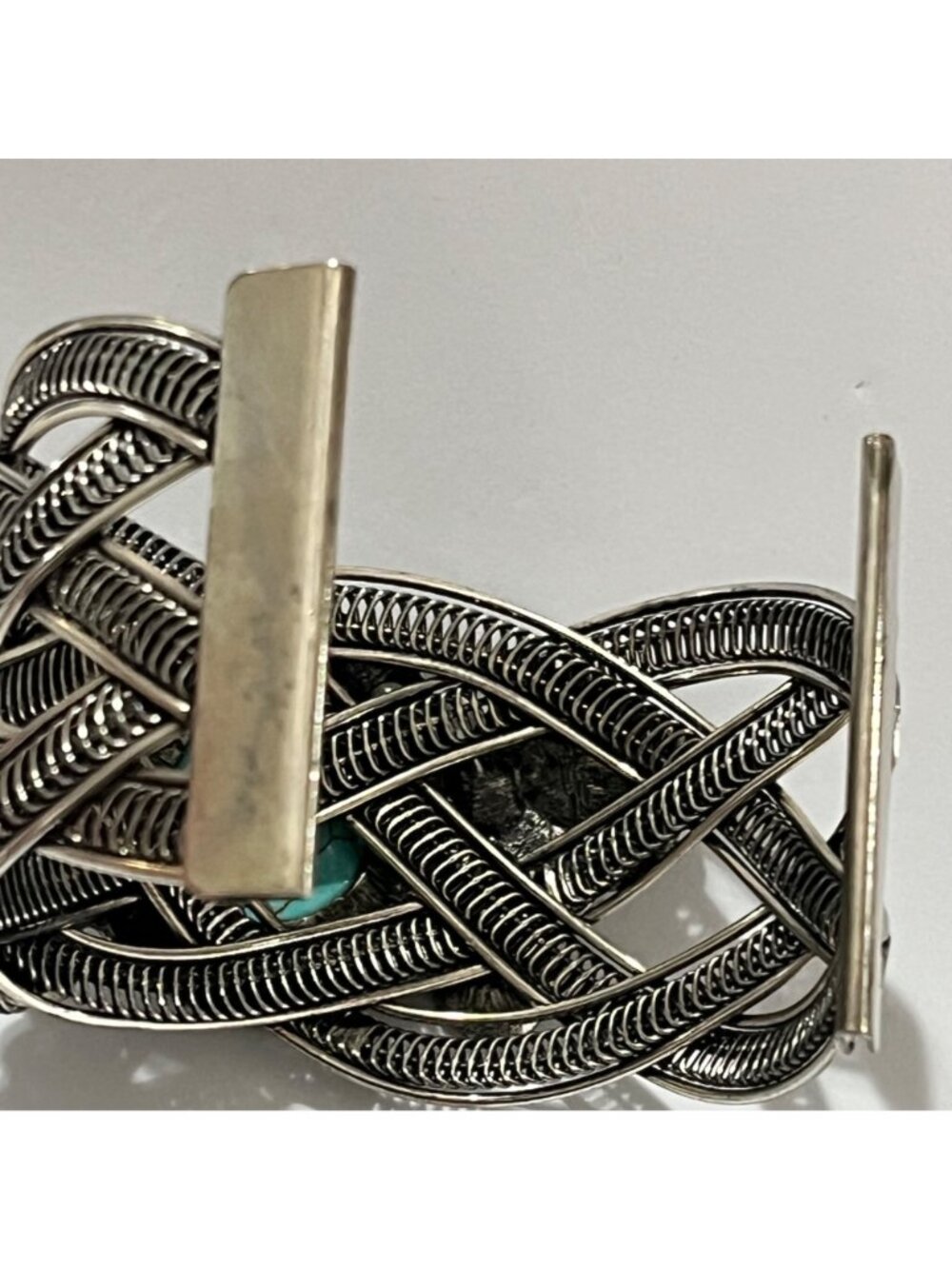 Vintage Silver Tone Cuff Bracelet With Turquoise Stone Floral & Butterfly - Picture 8 of 10